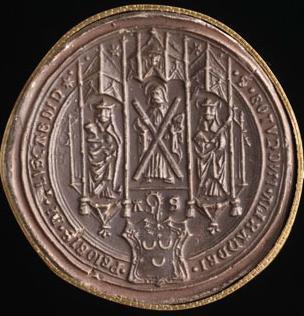 Seal of Alexander Seton, as Lord Urquhart and Prior of Pluscarden, before becoming Earl of Dunfermline and Chancellor of Scotland, click to view large.
