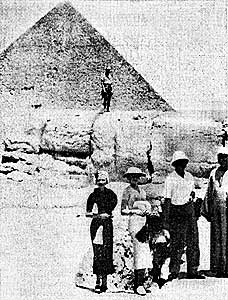 Family photo of Zeyla Hay Seton (left) posing outside the tomb at Gizeh just minutes after she had taken the bone