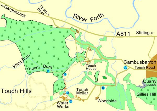 Map of Touch Waterfall Walk. Cambusbarron near Stirling.