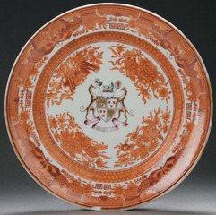 Seton of Touch Plate - A Chinese Export porcelain, orange Fitzhugh bread plate, central coat-of-arms for Seton with a helmet, boar's head and lion above a shield and banner with motto "FORWARD OURS," flanked by a pair of greyhounds, circa 1780.